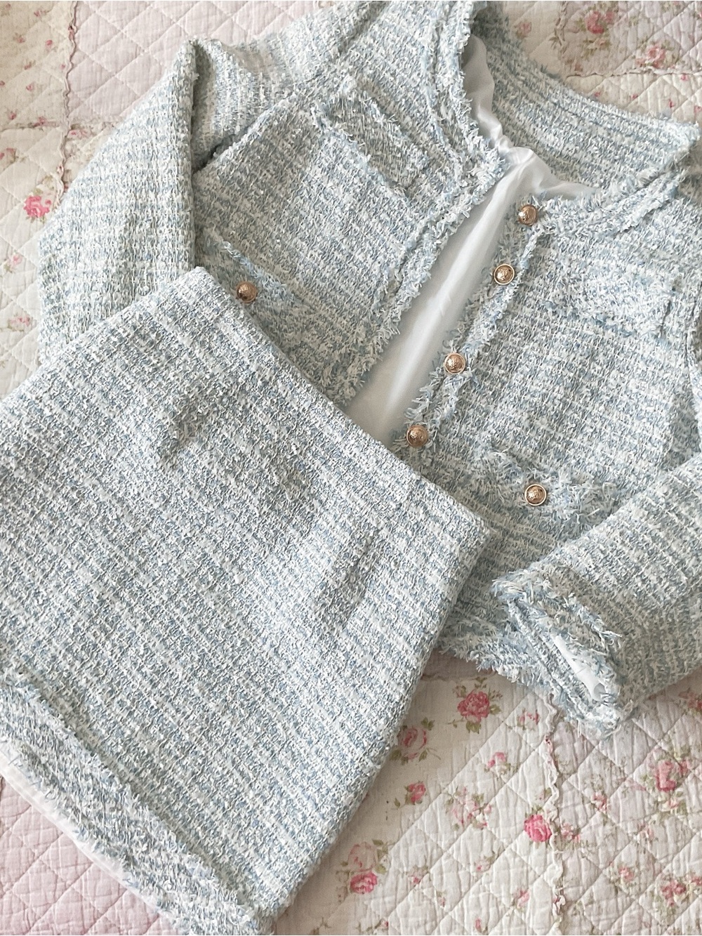 Baby blue tweed jacket and skirt set